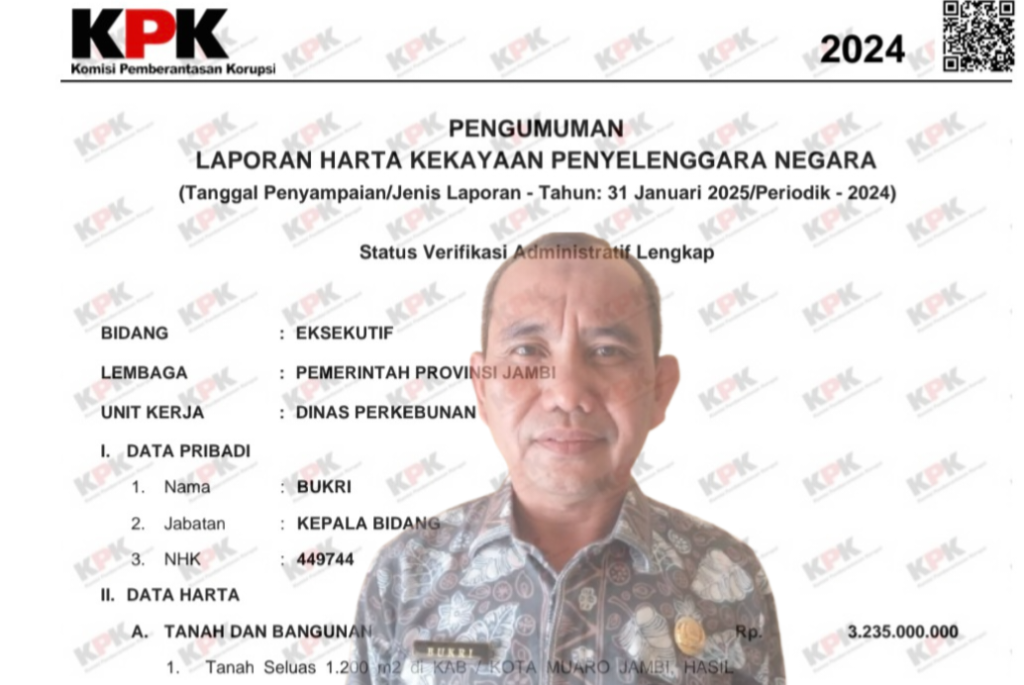 Tersangka kasus korupsi Dana DAK Dinas Pendidikan Provinsi Jambi, Bukri memiliki harta kekayaan Rp3,16 milliar