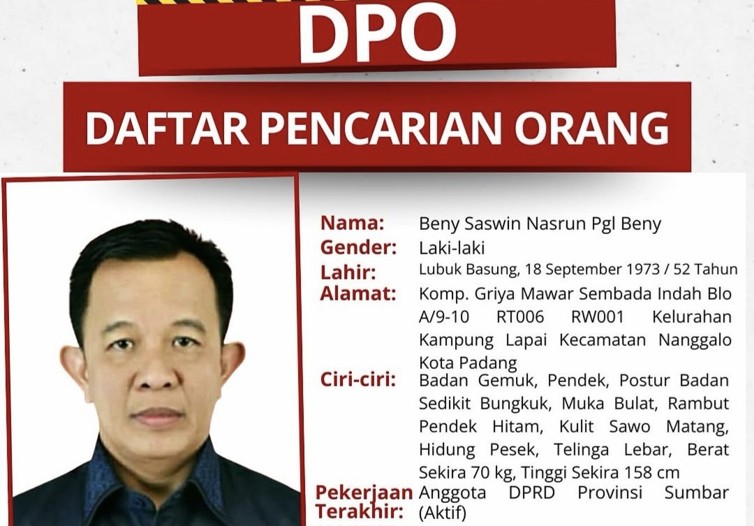 Anggota DPRD Sumbar Beni Saswi masuk Daftar Buron Kejari Padang