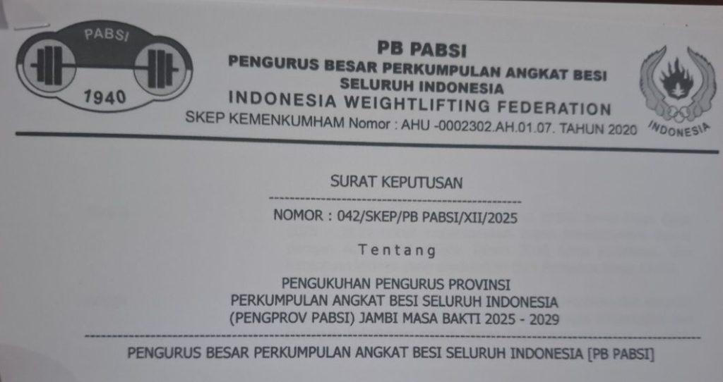 SK Kepengurusan Pengprov PABSI Jambi masa bakti 2025-2025-2029